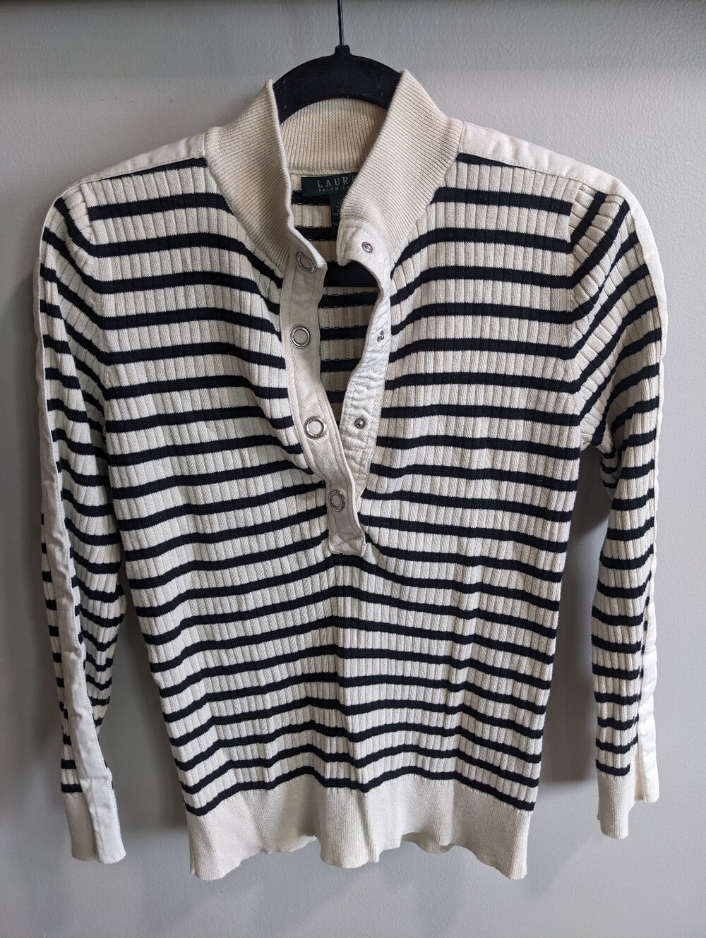 Lauren Ralph Lauren Black and Cream Striped Sweater Size Large Snap Button
